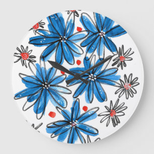 Whimsical Blue and White Flowers Large Clock