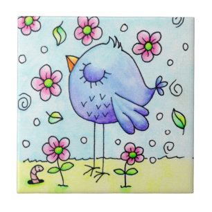 Whimsical Blue Bird And Flowers Ceramic Tile