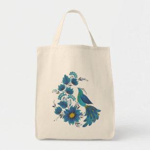 Whimsical Blue Bird Folk Art Canvas Tote Bag