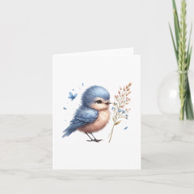 Whimsical Blue Bird with Flowers and Butterfly Card (Front)