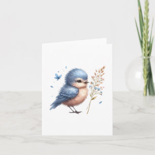 Whimsical Blue Bird with Flowers and Butterfly Card