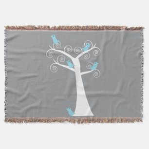 Whimsical Blue Birds Grey Swirl Tree Throw Blanket