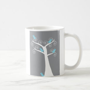 Whimsical Blue Birds on White Tree Grey Background Coffee Mug