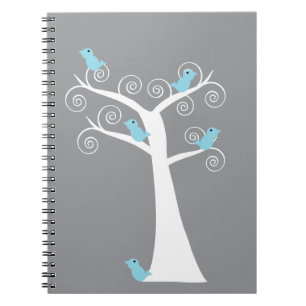 Whimsical Blue Birds on White Tree Grey Background Notebook