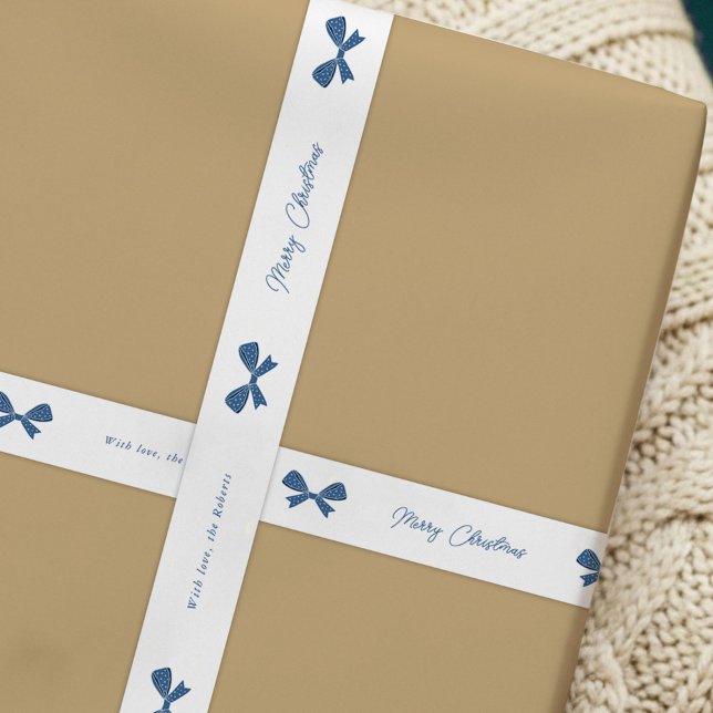 Whimsical Blue Bows Merry Christmas Custom Name Satin Ribbon (Blue bows elegant Christmas white satin ribbon with your custom name)