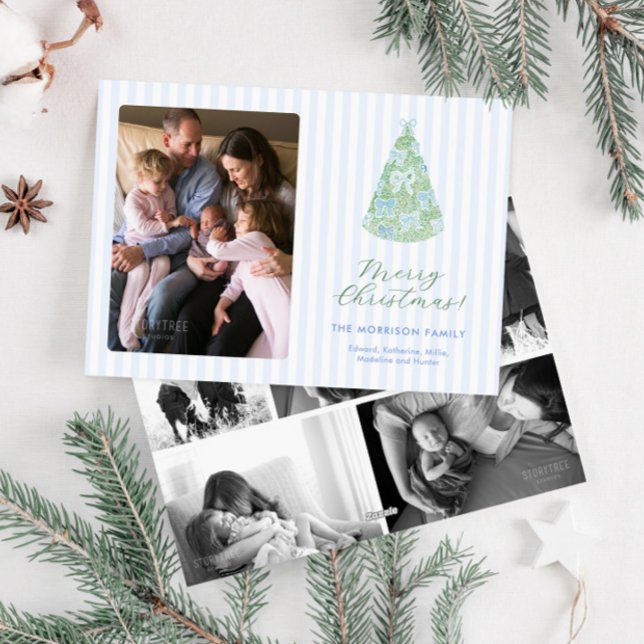 Whimsical Blue Bows On Christmas Tree Photo Holiday Card (Contemporary blue and green bows preppy family photos holiday card with striped background)