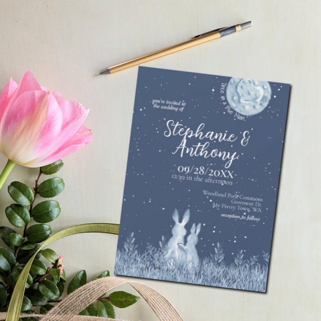 Whimsical Blue Bunny Rabbit Moon Stars Wedding Invitation (Creator Uploaded)