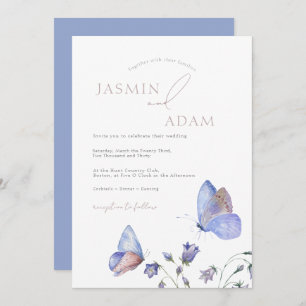 Whimsical Blue Butterflies Monogram Wedding Invitation