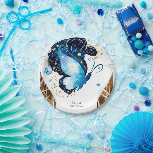 Whimsical Blue Butterfly Birthday Paper Plate (Party)
