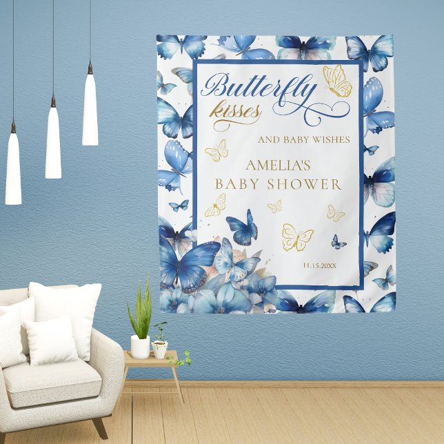 Whimsical Blue Butterfly Kisses Baby Shower Party Tapestry (Creator Uploaded)