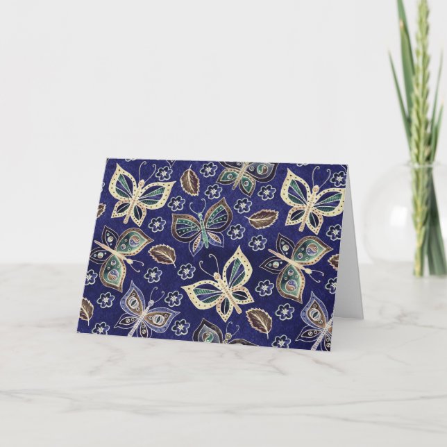 Whimsical Blue Butterfly Pattern Blank Note Card (Front)