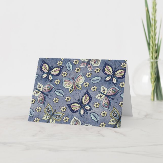 Whimsical Blue Butterfly Pattern Blank Note Card (Front)