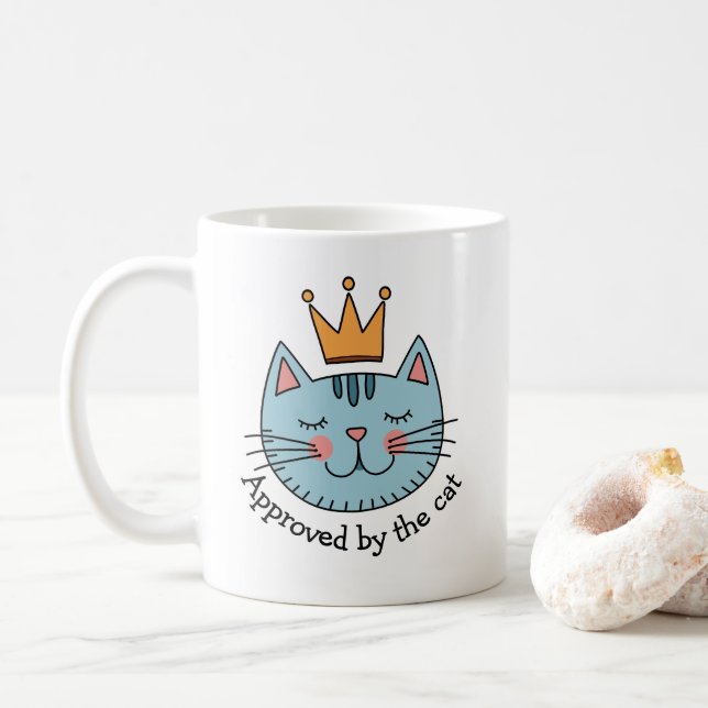 Whimsical Blue Cat With A Yellow Crown Custom Coffee Mug (With Donut)