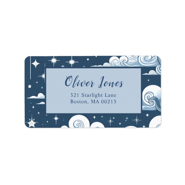 Whimsical Blue Celestial Baby Shower Address Label (Front)