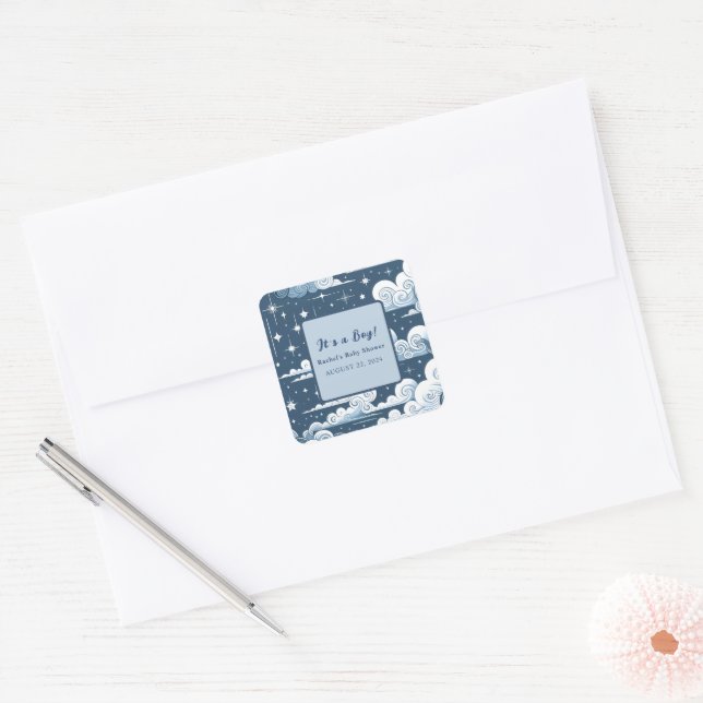 Whimsical Blue Celestial Custom Baby Shower Square Sticker (Envelope)