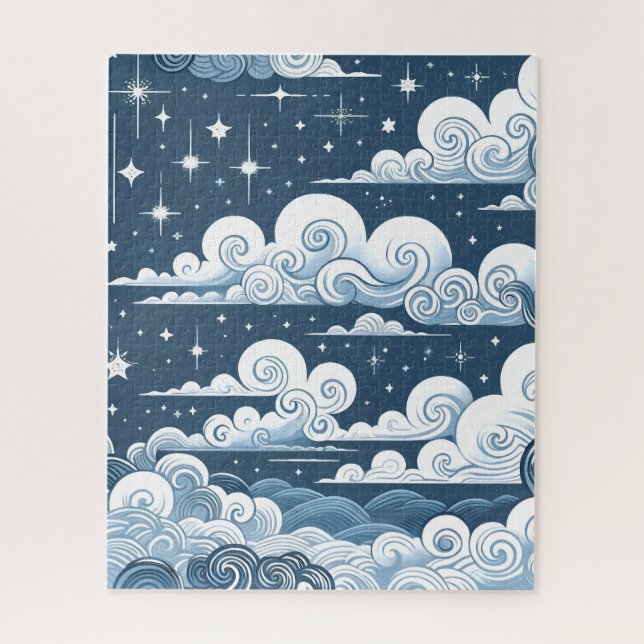 Whimsical Blue Celestial Stars and Clouds Jigsaw Puzzle (Vertical)