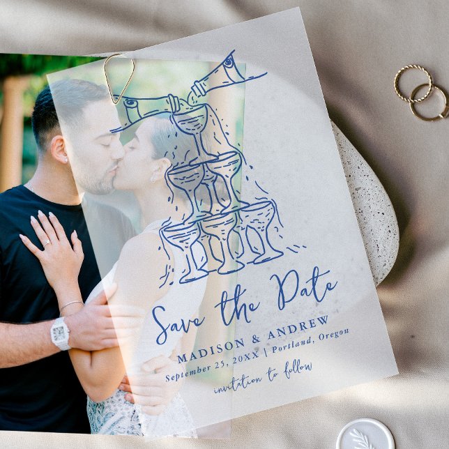 Whimsical Blue Champagne Tower Save the Date Vellum Invitations (Creator Uploaded)