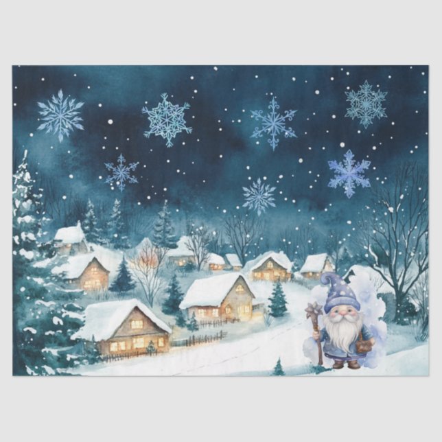 Whimsical Blue Christmas Gnome & Snowflakes Tissue Paper (Front)