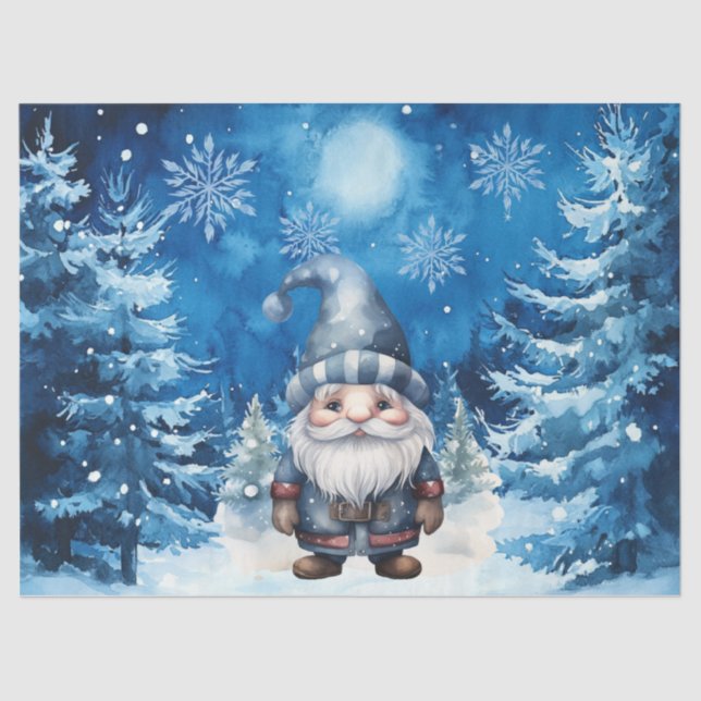 Whimsical Blue Christmas Gnome & Snowflakes Tissue Paper (Front)