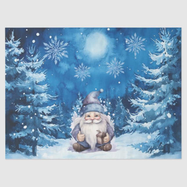 Whimsical Blue Christmas Gnome & Snowflakes Tissue Paper (Front)