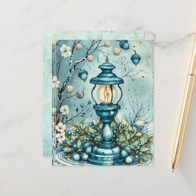 Whimsical Blue Christmas Lamp Scrapbook Paper (Front/Back In Situ)