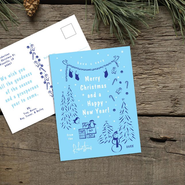 Whimsical Blue Christmas Scene Postcard (Creator Uploaded)