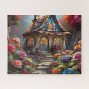 Whimsical Blue Cottage Flower Garden Jigsaw Puzzle