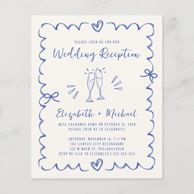 Whimsical Blue Cream Wedding Reception Invitation (Front)