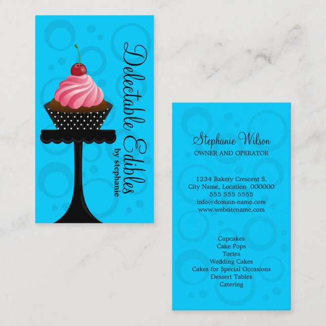 whimsical Blue Cupcake Bakery Business Card (Front/Back)