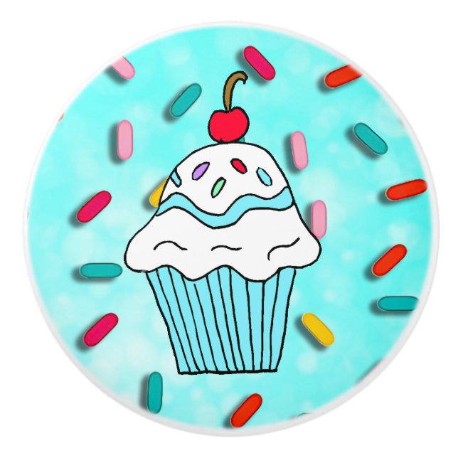 Whimsical Blue  Cupcake with Cherry on Top Ceramic Knob (Front)