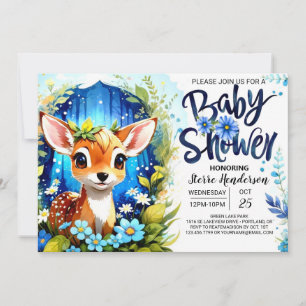 Whimsical Blue Deer Theme Baby Shower Invitation
