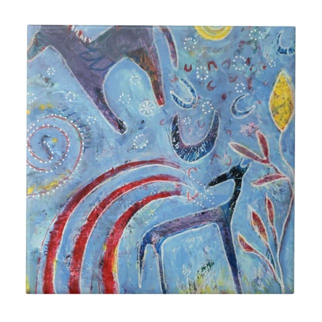 Whimsical blue dog and pony ceramic tile (Front)