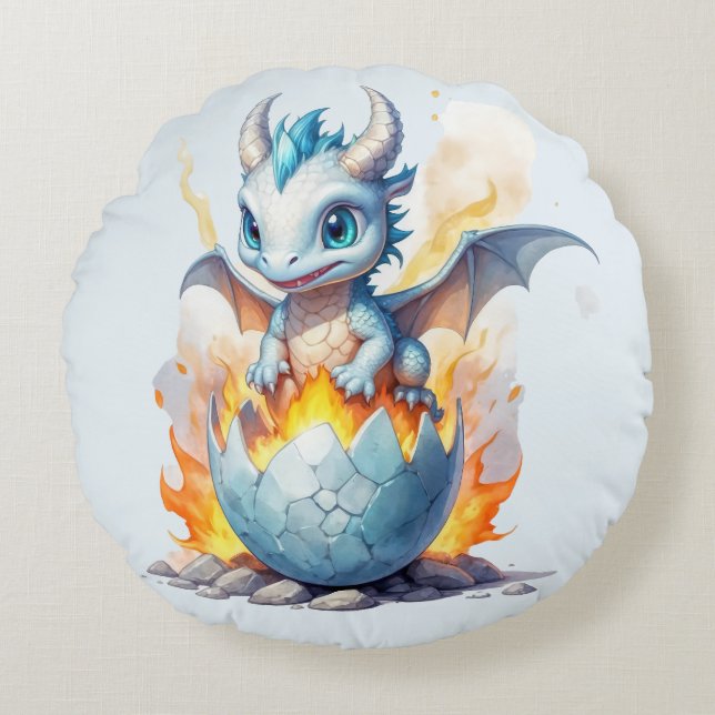 Whimsical Blue Dragon Frostfire Round Cushion (Front)
