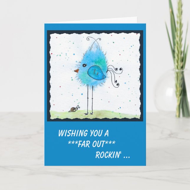 Whimsical Blue Far-out Bird Birthday Card (Front)