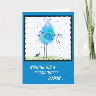 Whimsical Blue Far-out Bird Birthday Card