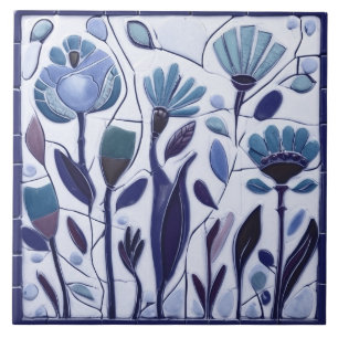 Whimsical Blue Floral Flowers Ceramic Tile