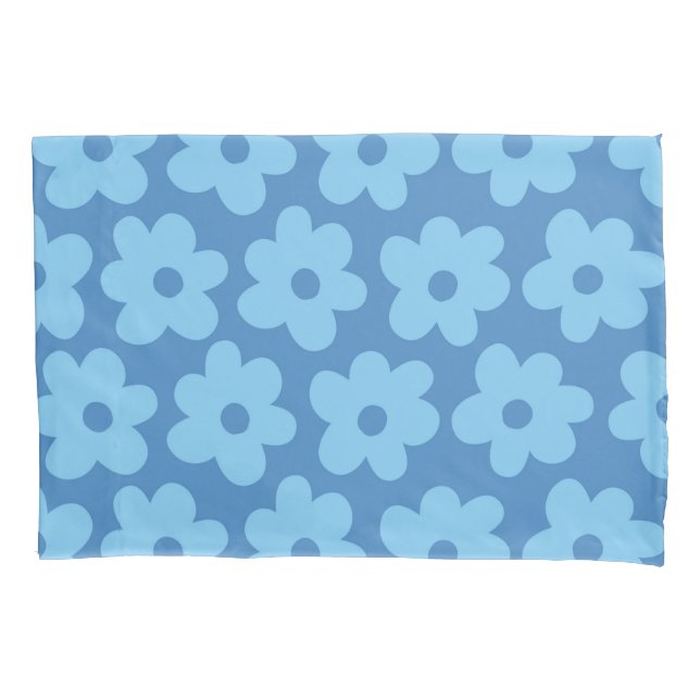 Whimsical Blue Floral Retro, Cheerful, Preppy Pillowcase (Front)