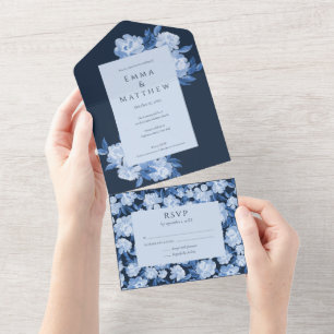 Whimsical Blue Floral Watercolor Wedding All In One Invitation
