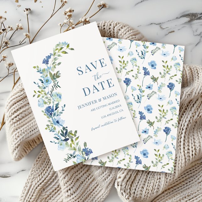 Whimsical Blue Floral Wreath Save The Date Invitation (Creator Uploaded)
