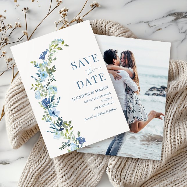 Whimsical Blue Floral Wreath Save The Date Photo Invitation (Creator Uploaded)