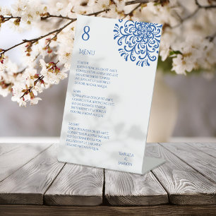 Whimsical Blue Flourish Wedding Menu Pedestal Sign
