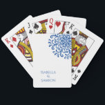 Whimsical Blue Flourish Wedding Playing Cards<br><div class="desc">Celebrate your special day with a touch of elegance and sophistication with our unique and artfully designed wedding invitation set. Featuring a white background adorned with a mesmerizing blue rotational symmetry pattern of swashes and dots making up a flowery pattern, this invitation beautifully captures the essence of timeless romance and...</div>