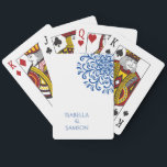 Whimsical Blue Flourish Wedding Playing Cards<br><div class="desc">Celebrate your special day with a touch of elegance and sophistication with our unique and artfully designed wedding invitation set. Featuring a white background adorned with a mesmerizing blue rotational symmetry pattern of swashes and dots making up a flowery pattern, this invitation beautifully captures the essence of timeless romance and...</div>