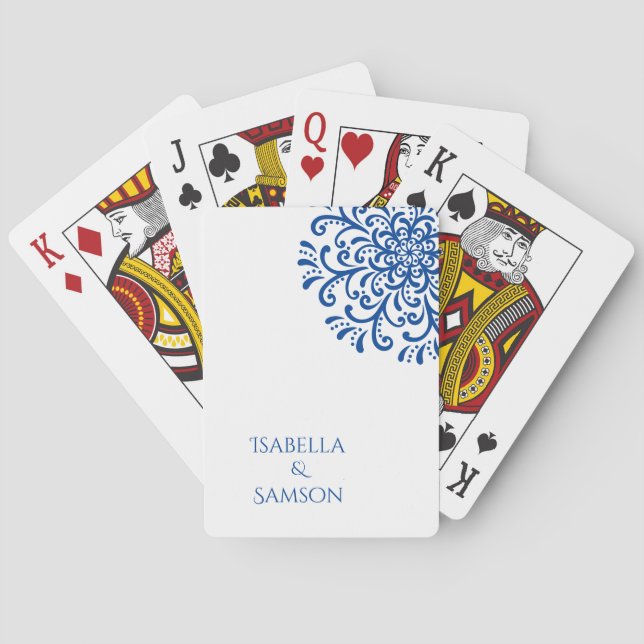 Whimsical Blue Flourish Wedding Playing Cards (Back)