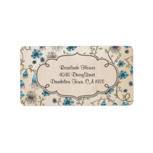 whimsical blue flowers on beige label