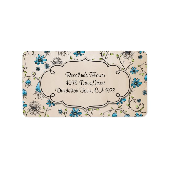 whimsical blue flowers on beige label (Front)