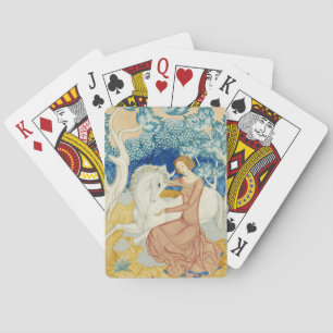 Whimsical Blue Forest Unicorn & Maiden Art Playing Cards