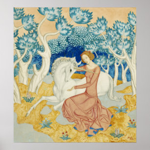 Whimsical Blue Forest Unicorn & Maiden Art Poster