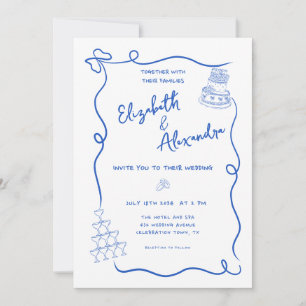 Whimsical Blue French Hand Drawn Wedding Invitation
