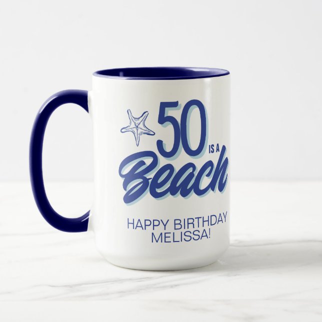 Whimsical Blue Funny 50th Beach Birthday Coffee Mug (Left)